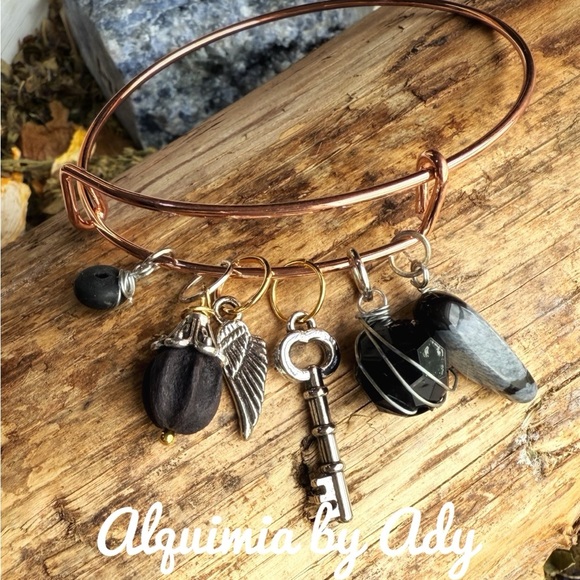 Black snowflake obsidian multi charms rose gold bracelet - Picture 1 of 2